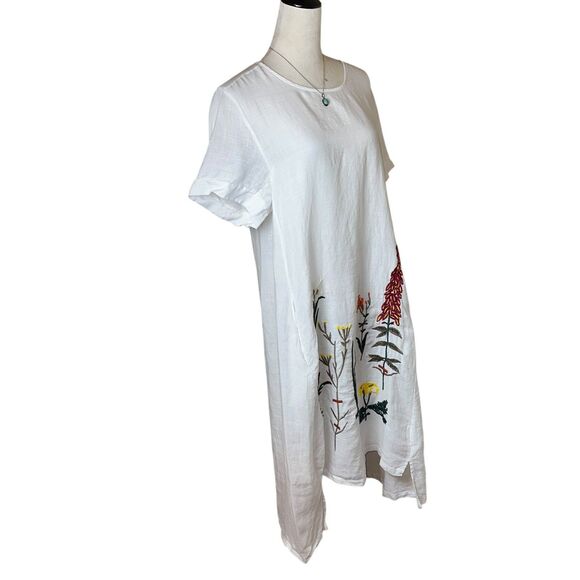 Minibee White Linen Floral Embroidered Midi Dress L | Boho Cottagecore Lagenlook - Picture 2 of 7